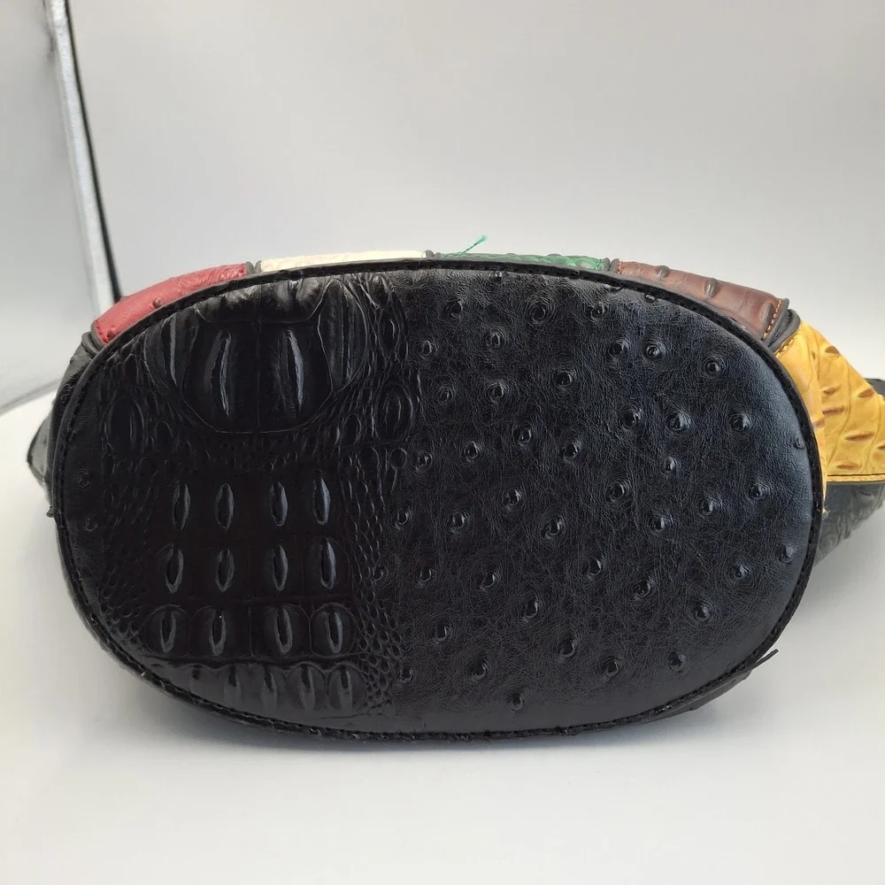 Colorblock Faux Ostrich & Alligator‎ Embossed Handbag with Wooden Ring Handles